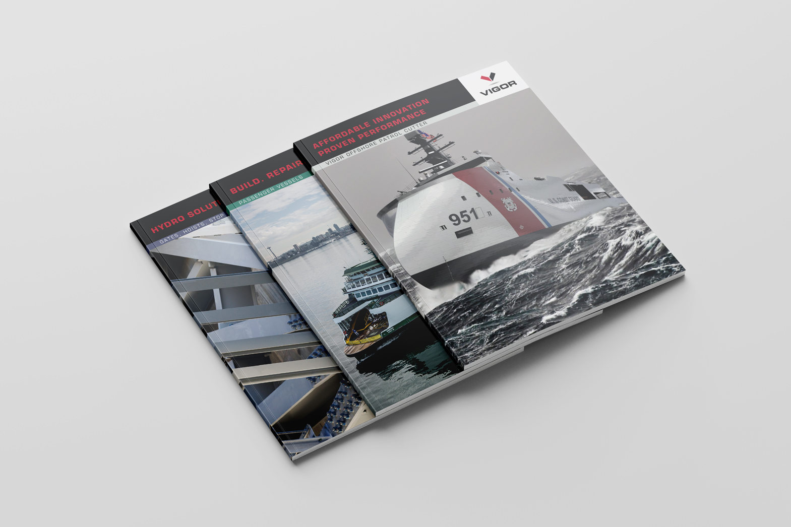 Ship building brochure design. Vigor offshore patrol cutter brochure cover. By William Moschell Design Works. Honolulu, Hawaii brochure graphic designer.