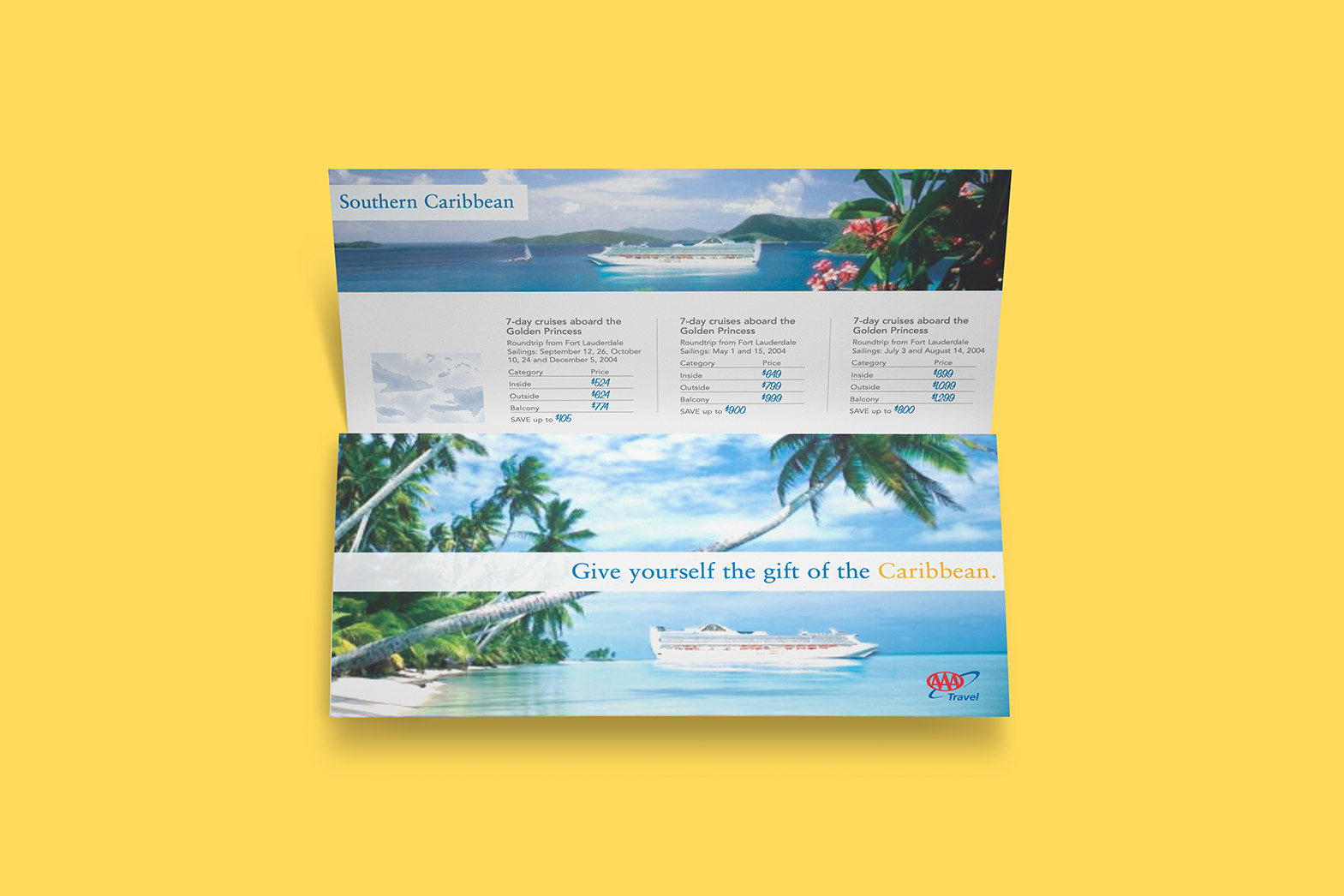 Direct mail flyer design. AAA Travel cruise ship vacation flyer. By William Moschell Design Works. Honolulu, Hawaii travel and tourism graphic designer.