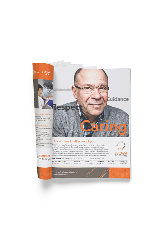 Print ad design. Compass Oncology caring ad - male. The words Caring, Respect, Guidance, collaboration floating around the portrait of a male in his 70s. By William Moschell Design Works. Honolulu, Hawaii medical print ad graphic designer.