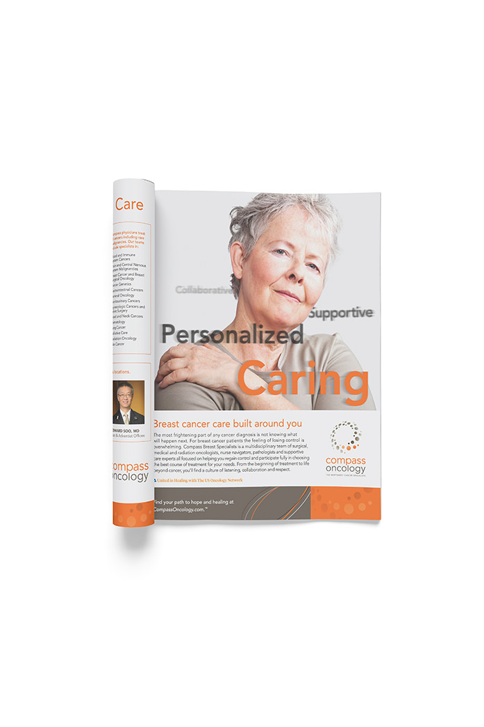 Print ad design. Compass Oncology caring ad - female. The words Caring, Personalized, Supportive, Collaborative floating around the portrait of a female in her 60s. By William Moschell Design Works. Honolulu, Hawaii print ad graphic designer.