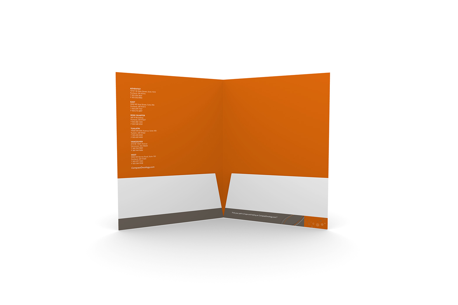 Stationary design. Compass Oncology folder inside spread design. Orange inside with white flaps and footer graphic on the bottom. By William Moschell Design Works. Honolulu, Hawaii stationary graphic designer.