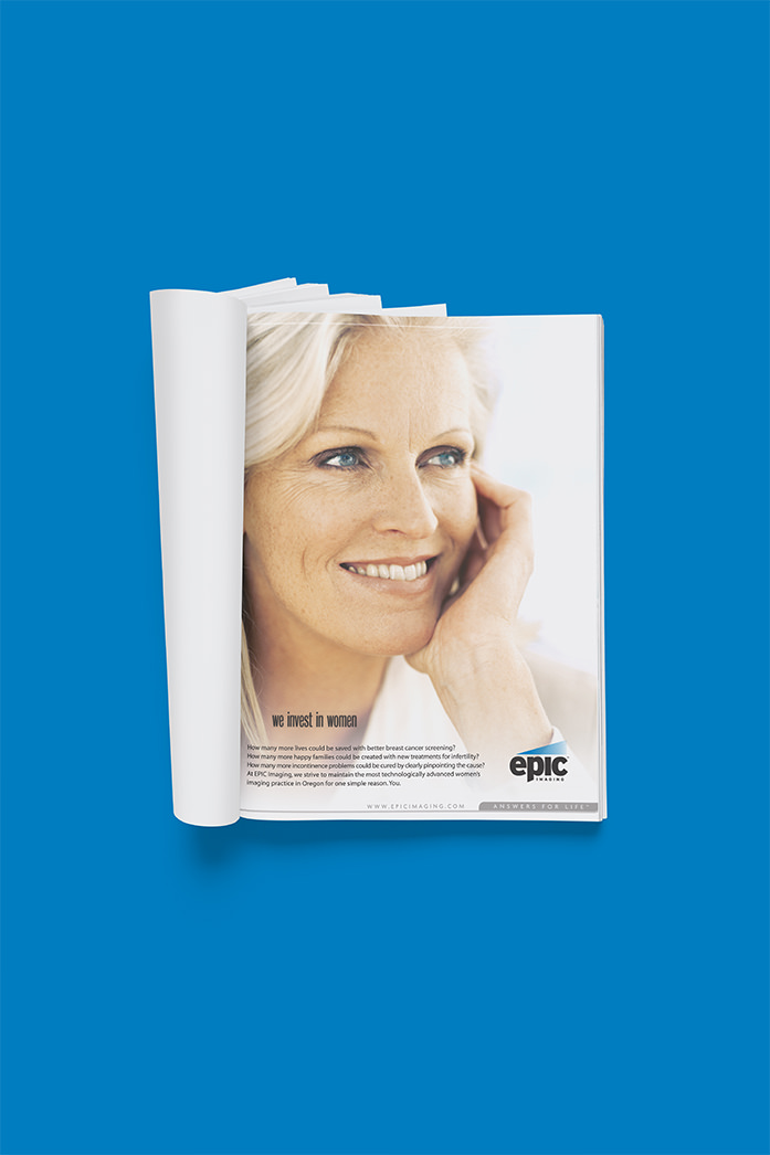 Print magazine ad design. Epic Imaging we invest in women ad. A portrait of a woman with a happily content expression. By William Moschell Design Works. Honolulu, Hawaii print graphic designer.