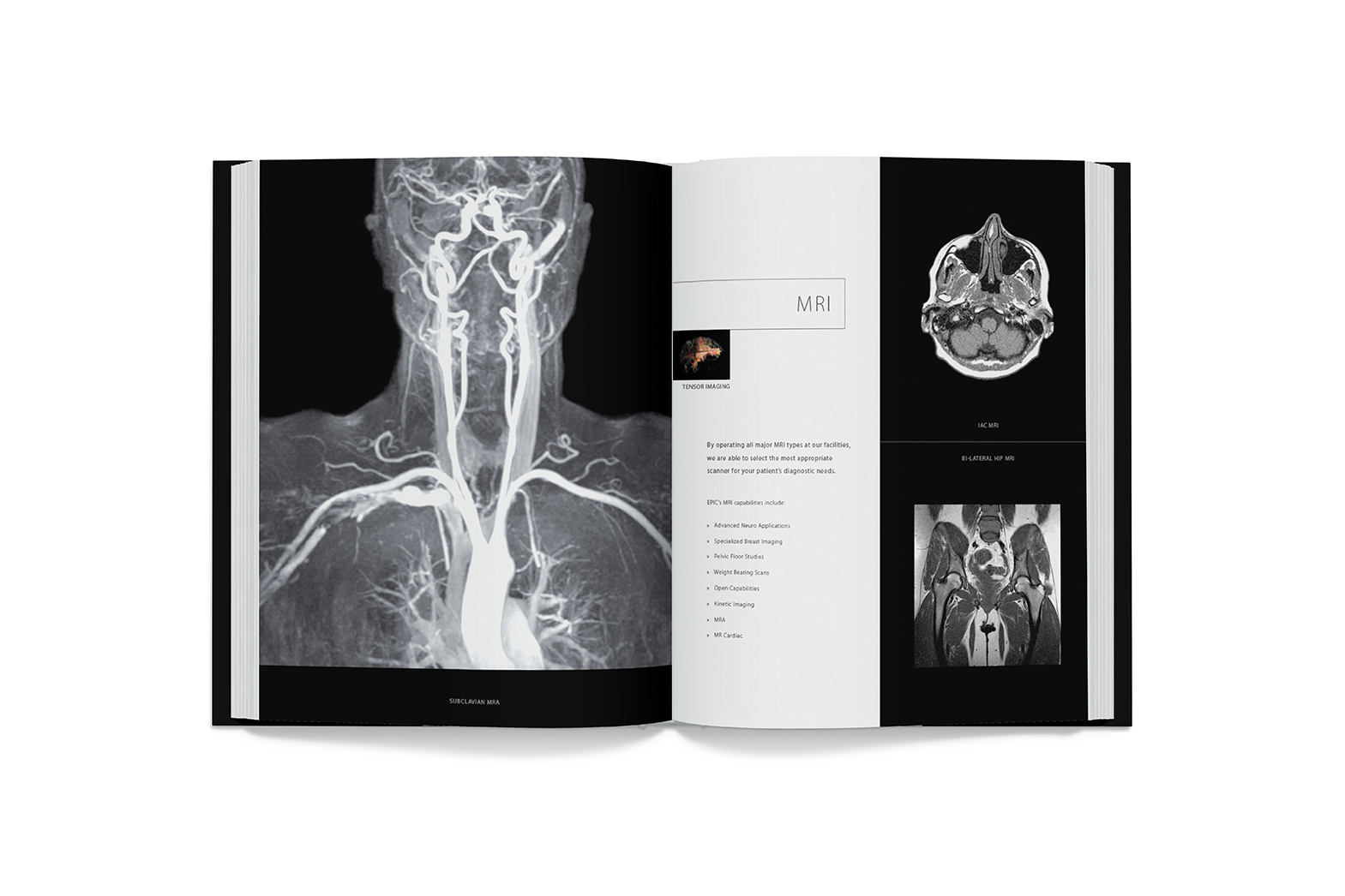 Book design. Epic leave behind book spread 1. This shows different scan technologies and imaging capabilities. By William Moschell Design Works. Honolulu, Hawaii medical book graphic designer.