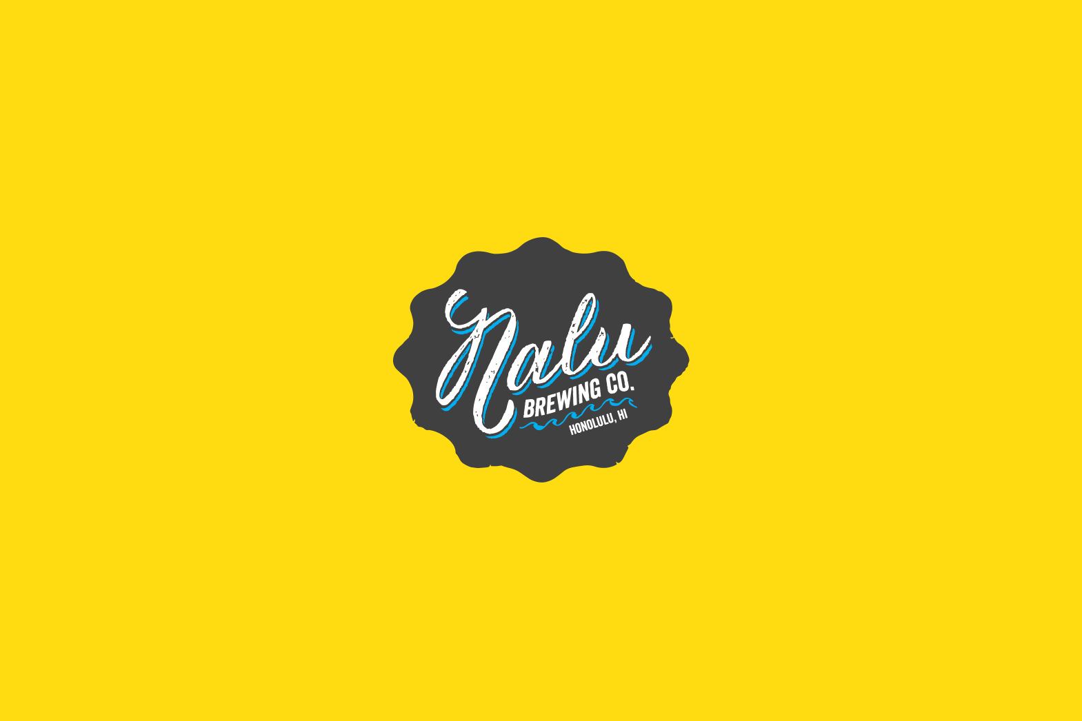 Brewery Logo Design. Nalu in a worn handwritten script font on a background in the shape similar to a bottle cap on a mustard background. By William Moschell Design Works. Honolulu, Hawaii logo graphic designer.