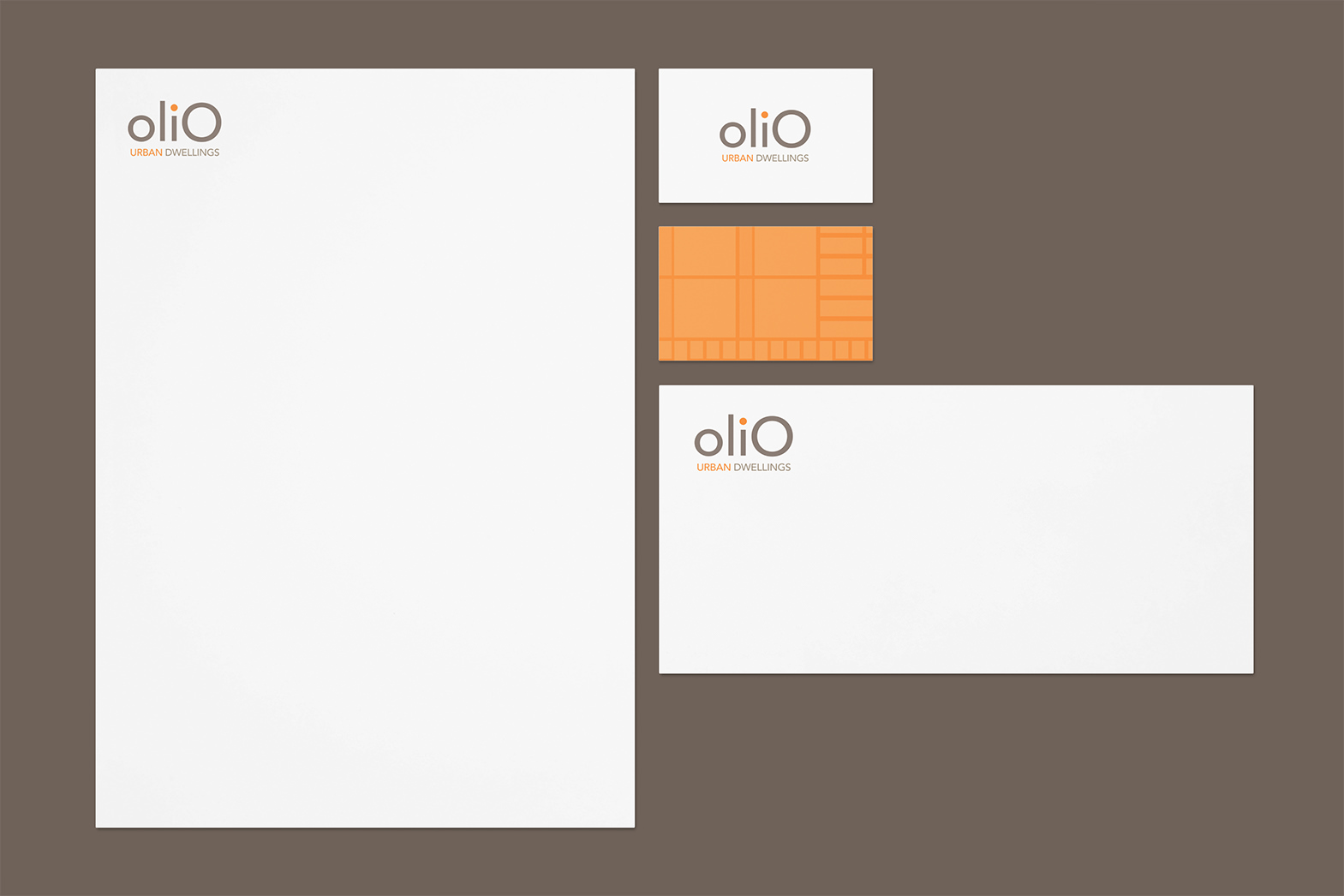 Stationary graphic design. Olio logo on business card, letterhead and envelope. By William Moschell Design Works. Honolulu, Hawaii stationary graphic designer.