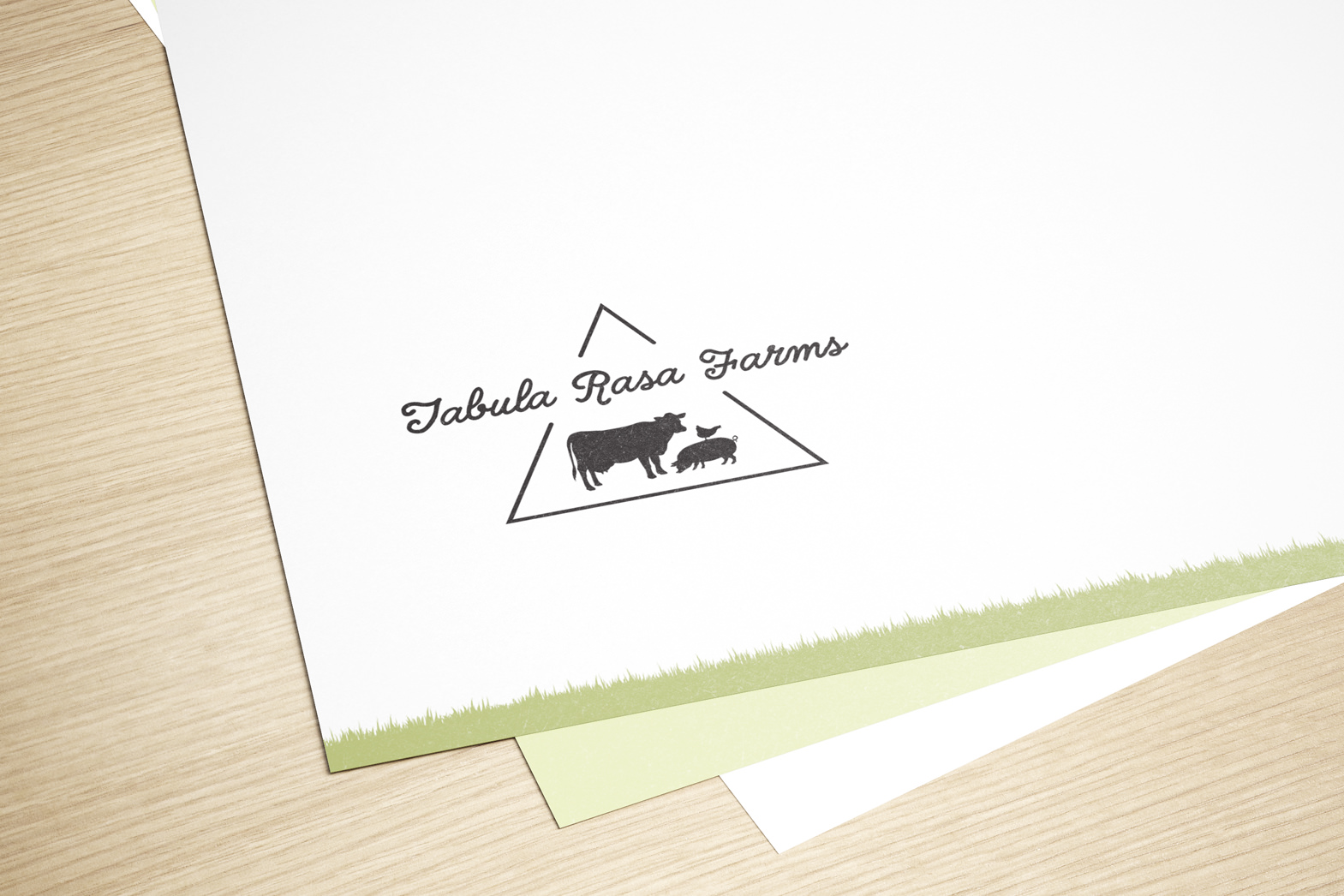 Agriculture stationary design. Tabula Rasa Farms logo design. The type Tabula Rasa Farms in a triangle brand with a cow, pig and chicken silhouette below. By William Moschell Design Works. Honolulu, Hawaii letterhead graphic designer.