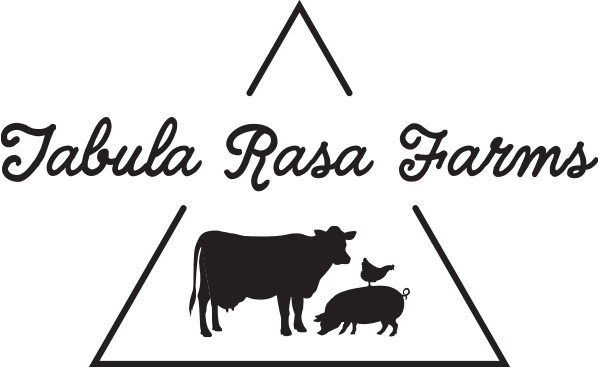 Agriculture logo design. Tabula Rasa Farms logo design. The type Tabula Rasa Farms in a triangle brand with a cow, pig and chicken silhouette below. By William Moschell Design Works. Honolulu, Hawaii logo graphic designer.