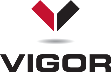 Shipyard Logo Design. VIGOR logo designed with a big V on top in two pieces to represent a ship. By William Moschell Design Works. Honolulu, Hawaii logo graphic designer.