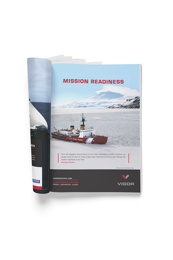 Industrial ship repair and build design. Vigor Coast Guard repair ad. By William Moschell Design Works. Honolulu, Hawaii print ad graphic designer.