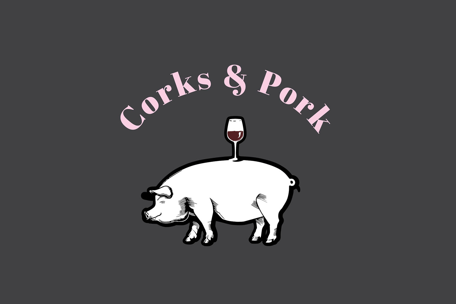 Corks & Pork branding illustration of a pig with a glass of pinot balancing on it's back